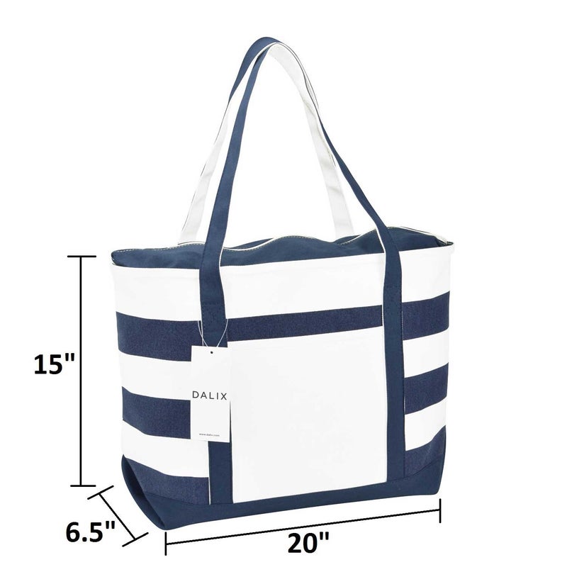 DALIX Striped Boat Bag Premium Cotton Canvas Tote in Navy Blue - Image 2